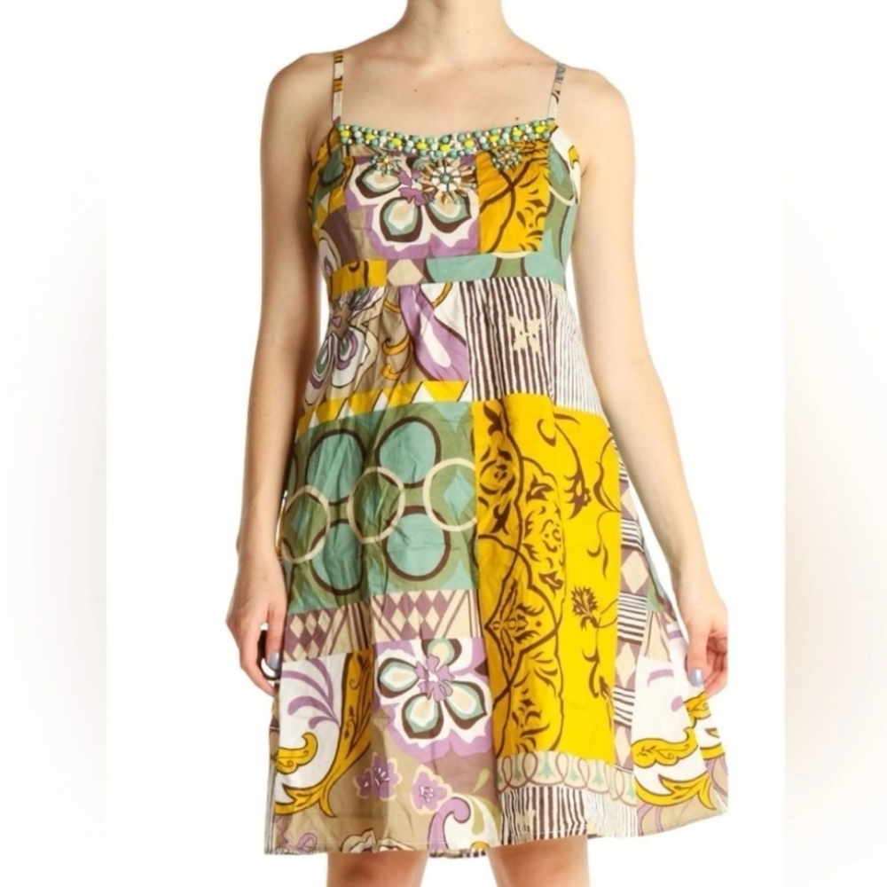 Cabi Yellow Purple Floral Patchwork Beaded Girly Summer Knee Length Dress Size 8